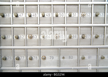 Numeri, porte e serrature delle cassette di sicurezza. Foto Stock