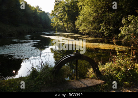 Weir sul fiume Bradford a Youlgrave nel Parco Nazionale di Peak District, Derbyshire. Foto Stock