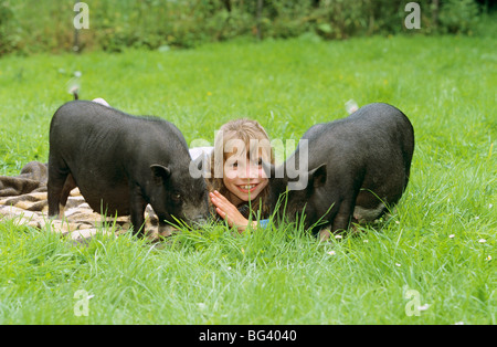 Ragazza con due maiali in miniatura sul prato Foto Stock