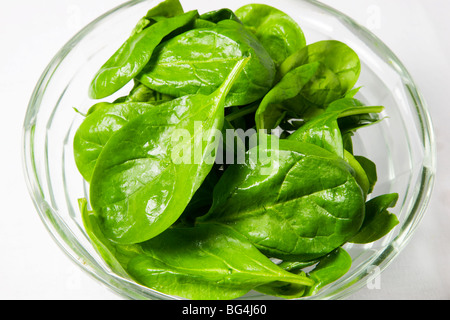 Baby spinaci foglie in una ciotola di vetro Foto Stock