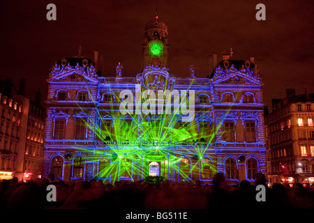 Lione municipio della città durante la festa delle luci ("Fête des lumières" in francese), Lione, Francia Foto Stock