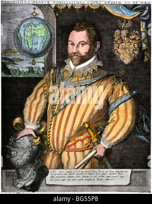 L'ammiraglio Francis Drake, il primo inglese a vela in tutto il mondo. Colorate a mano la xilografia Foto Stock