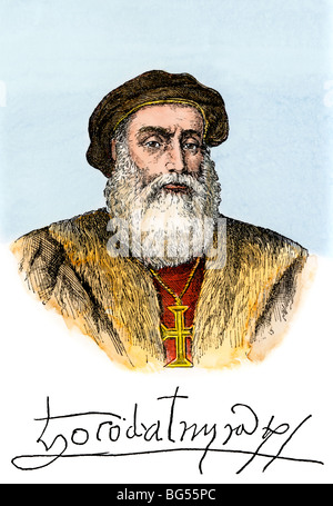 Vasco da Gama, ritratto con il suo autografo. Colorate a mano la xilografia Foto Stock