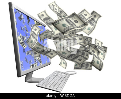 Isolate il computer desktop gettando Hundred Dollar Bills attraverso lo schermo Foto Stock