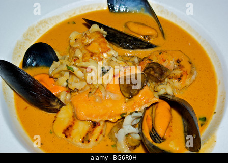 Di colore bianco porcellana ciotola di color zafferano bouillabaisse Foto Stock