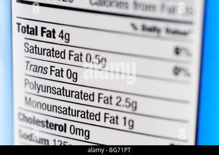 Informazioni nutrizionali Foto Stock