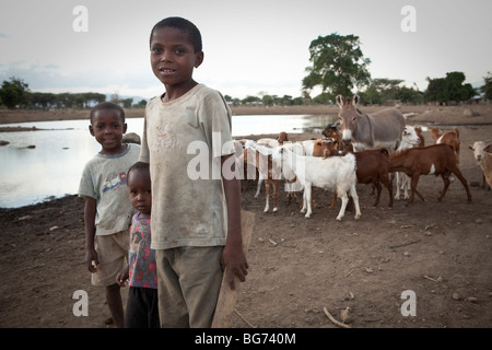 Bambini stand lungo un foro di irrigazione con il loro gregge di capre nella regione di Manyara, Tanzania. Foto Stock