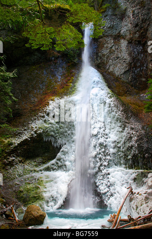 Marymere Falls, a Washington il parco nazionale di Olympic, coperta di neve e ghiaccio durante il periodo invernale Foto Stock