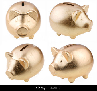 Oro maiale come un salvadanaio su sfondo bianco Foto Stock