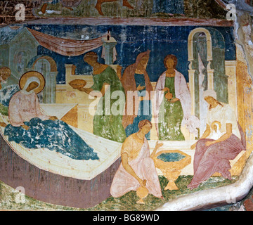 Gli affreschi di Dionisius sulla facciata occidentale della Vergine Natività cattedrale nel monastero di Ferapontovo, Vologda regione, Russia Foto Stock