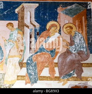 Gli affreschi di Dionisius sulla facciata occidentale della Vergine Natività cattedrale nel monastero di Ferapontovo, Vologda regione, Russia Foto Stock