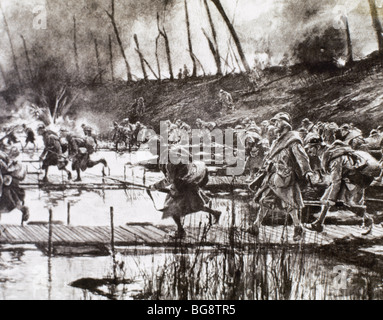 La prima guerra mondiale (1914-1918). L esercito francese attraversa il fiume Isere sul gateway improvvisata sotto il fuoco nemico (agosto 1917, Francia). Foto Stock