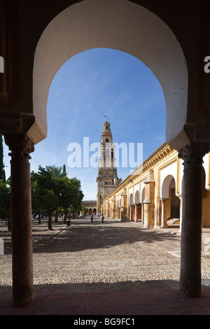 Vista dal cortile del il campanile della cattedrale, che racchiude il minareto più vecchi, Cordoba, Andalusia, Spagna Foto Stock