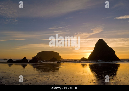 Pile del mare e del tramonto a Whaleshead Beach, Samuel H. Boardman membro Scenic corridoio, southern Oregon Coast. Foto Stock