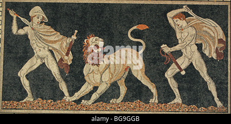 Immagine di un antico pavimento a mosaico chiamato the lion hunt da una casa in antica Pella Pela Grecia Foto Stock