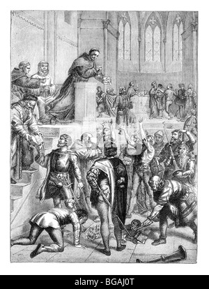 Illustrazione; Martin Luther, riformatore protestante, denunciando la Chiesa Cattolica Romana rituale 1517 Wittenberg Foto Stock