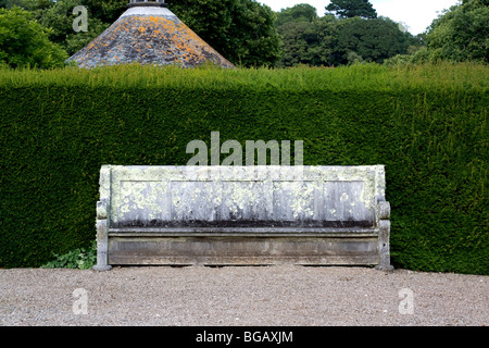 Un banco la Knot Garden nella motivazione di Antony House, Torpoint, Cornwall, Regno Unito Foto Stock