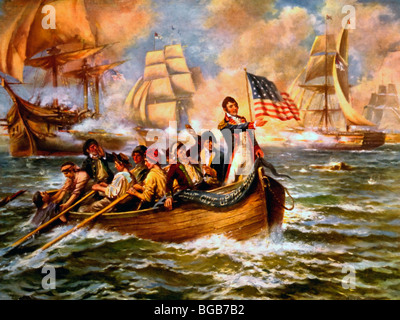 Oliver Hazard Perry dopo aver abbandonato la sua ammiraglia, Lawrence durante la battaglia del Lago Erie nella guerra del 1812, 10 Settembre 1813 Foto Stock