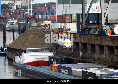 Navigazione più grande porto del mondo, a Duisburg in Germania, al fiume Reno. Porto industriale per tutti i tipi di merci. Foto Stock