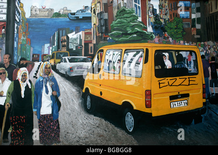 Il Murale che mostra una scena di strada di Istanbul, Turchia Foto Stock