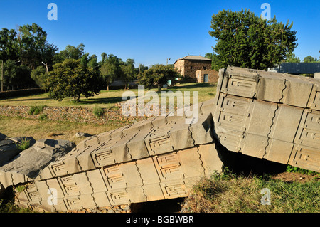 Caduto e rotto stele axumita ad Aksum, Axum, Sito Patrimonio Mondiale dell'UNESCO, Tigray, Etiopia, Africa Foto Stock