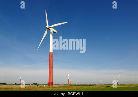 I ciclisti nella parte anteriore delle turbine eoliche, Sexbierum, Friesia, Holland, Paesi Bassi, Europa Foto Stock