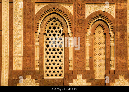 La schermata jali dell'Alai Darwaza al Qutb Minar complesso in Delhi, India. Foto Stock