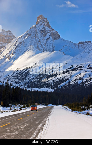 Smart Auto sopraffatte da Hilda picco (3060 metri/10039 piedi) come visualizzato dall'inizio della Parker Ridge trail lungo la Icefields Foto Stock