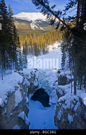 Neve e ghiaccio coperto Sunwapta scende lungo il fiume Sunwapta, Icefields Parkway, Jasper National Park, Canadian Rocky Mountains, Foto Stock