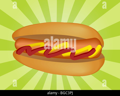 Hot Dog illustrazione, salsiccia di bun con condimenti Foto Stock