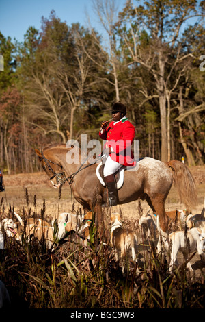 Jamie Greene, master di i segugi durante un foxhunt a Middleton Place plantation Charleston, Sc, STATI UNITI D'AMERICA Foto Stock