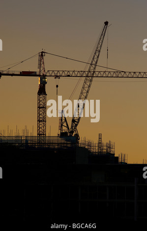 Gru a torre stagliano su un sito in costruzione Foto Stock