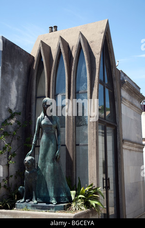 Scultura di giovane donna e cane sulla tomba di Liliana Crociati de Szaszak, Recoleta cimitero, Buenos Aires, Argentina Foto Stock