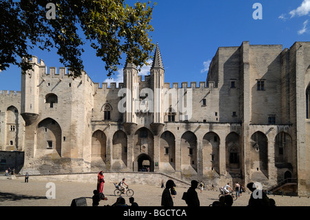 I turisti fuori dal Palais des Papes o dal Palazzo dei Papi, dall'ingresso principale o dalla facciata occidentale e da Place du Palais, Avignone, Vaucluse, Provenza, Francia Foto Stock