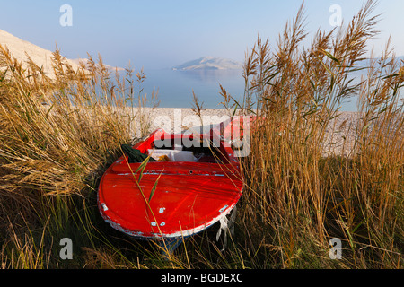 Red Boat in canneti, Rucica bay a Metajna, Isola di Pag, Dalmazia, Mare Adriatico, Croazia, Europa Foto Stock