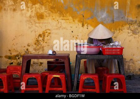 Donna vietnamita in attesa per i clienti presso la sua strada in stallo, Hoi An, Vietnam, sud-est asiatico Foto Stock