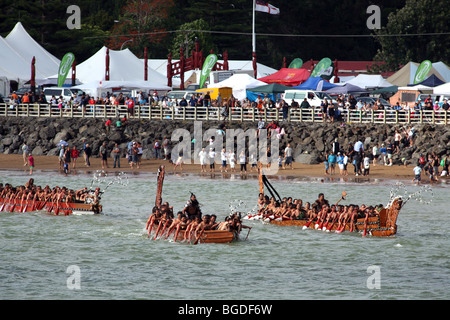 Il Waka Taua (guerra canoe) paddling passato spettatori su Te Ti Bay durante il Waitangi Day celebrazioni, Nuova Zelanda Foto Stock