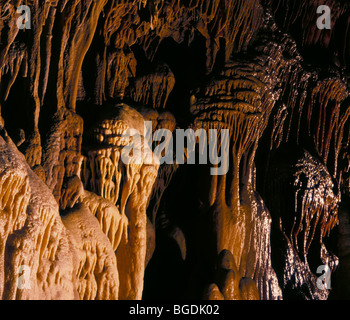 Parete Flowstone in Dargilan - la Grotte rosa o "la grotta rosa', Cevennes, Francia. Foto Stock