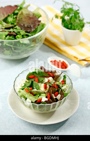 Insalata fresca con formaggio e bacche. Ricetta disponibile. Foto Stock