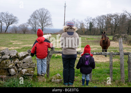 Foto di stock di una madre e i suoi due figli piccoli guardando un campo con i cavalli. Foto Stock