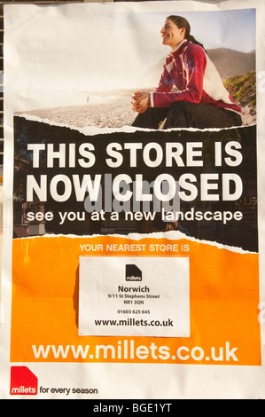 Il Millets shop store è ora chiusa in legno Hill nel centro città di Norwich, Norfolk, Regno Unito Foto Stock