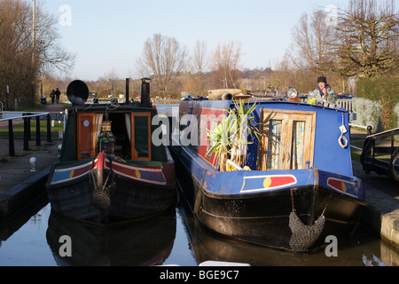 Immettere Narrowboats Stanstead serratura, fiume Lea navigazione, Ware Hertfordshire, Inghilterra Foto Stock