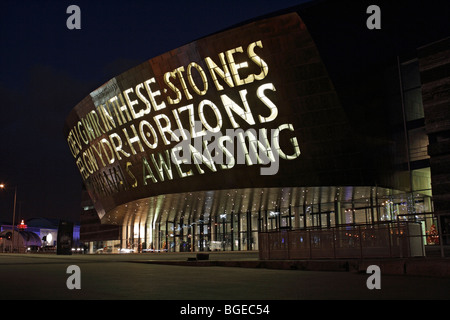 Millennium Centre at Night nella baia di Cardiff, Galles, edificio simbolo del Regno Unito Foto Stock