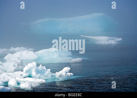 Iceberg nello stretto di Belle Isle visto da insenatura di sabbia durante una giornata di nebbia lungo l'autostrada 430, sentieri per i vichinghi, Viking t.r.a. Foto Stock