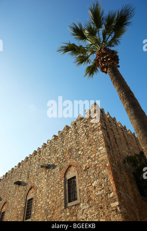Large traditionally styled turkish building with a tall palm tree against a clear blue sky on a sunny day Foto Stock