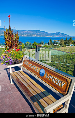 Una panchina nel parco presso la piramide di Summerhill cantina, un certificato biologico vigneto, Kelowna, Okanagan, British Columbia, Canada. Foto Stock