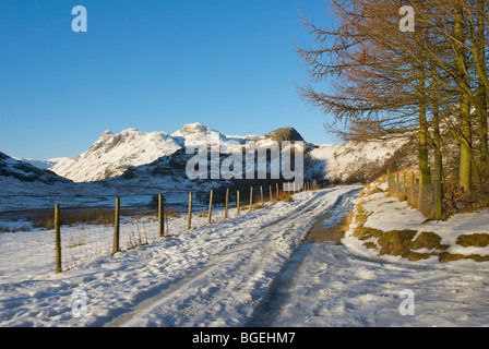 Strada innevata in poco Langdale, con Langdale Pikes in distanza, Parco Nazionale del Distretto dei Laghi, Cumbria, England Regno Unito Foto Stock