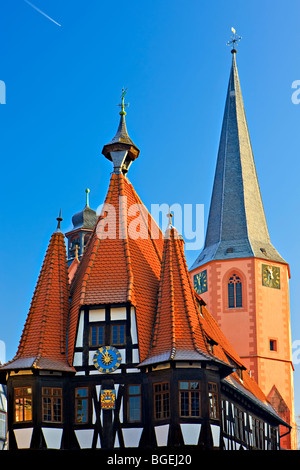 Il Municipio della Città Vecchia di Rathaus, nello storico villaggio di Michelstadt, Hessen, Germania, Europa. Foto Stock