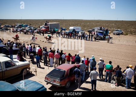 15 novembre 2009 Cowboy horse racing vicino Piramides, Penisola Valdes, Chubut, Patagonia, Argentina Foto Stock