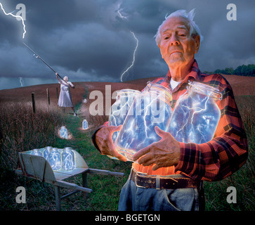 Un vecchio paio di raccolti fulmine in questa immagine di fantasia chiamato il fulmine Catturatori. Foto Stock